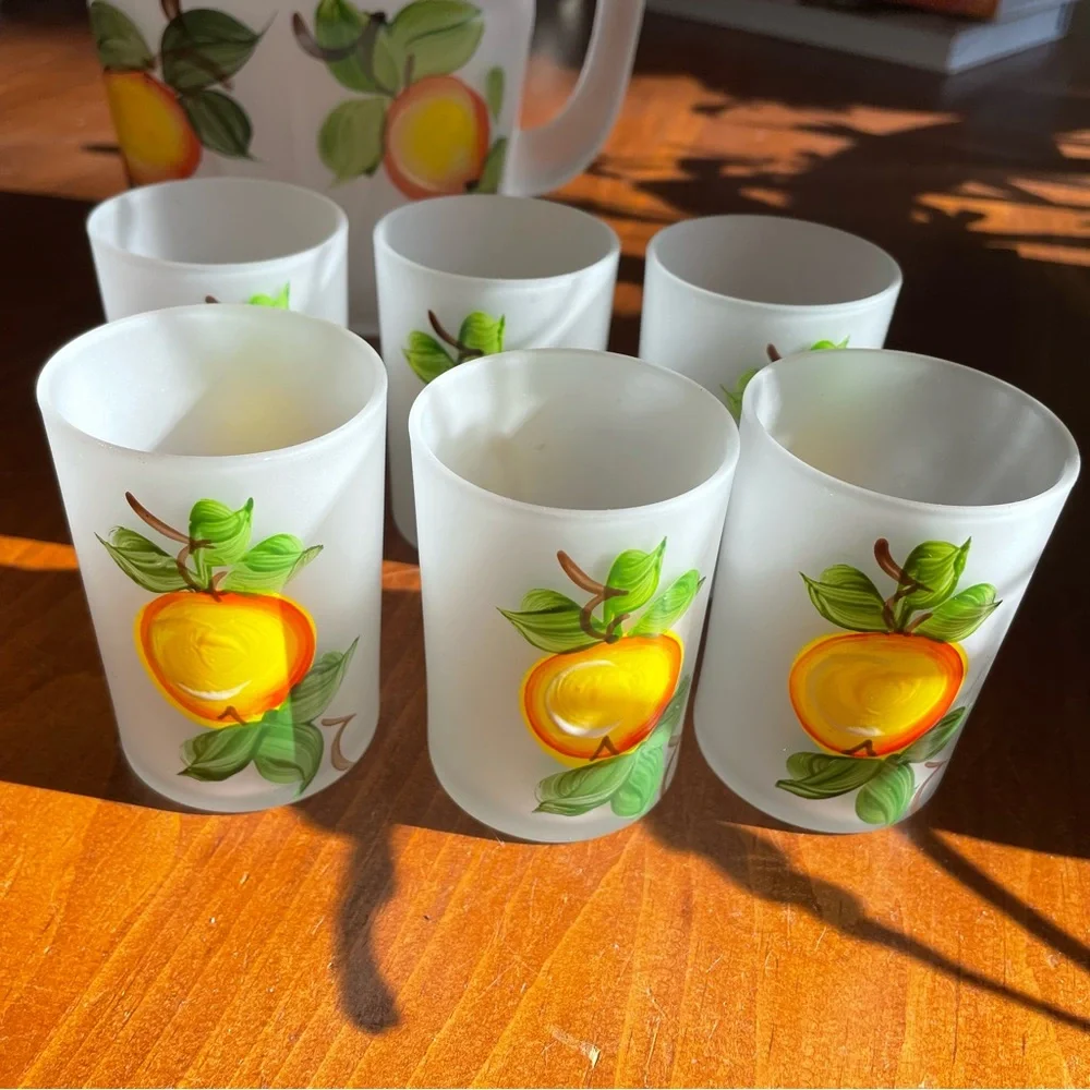 Vintage Orange Juice Satin Glass Pitcher & Six Matching Glasses